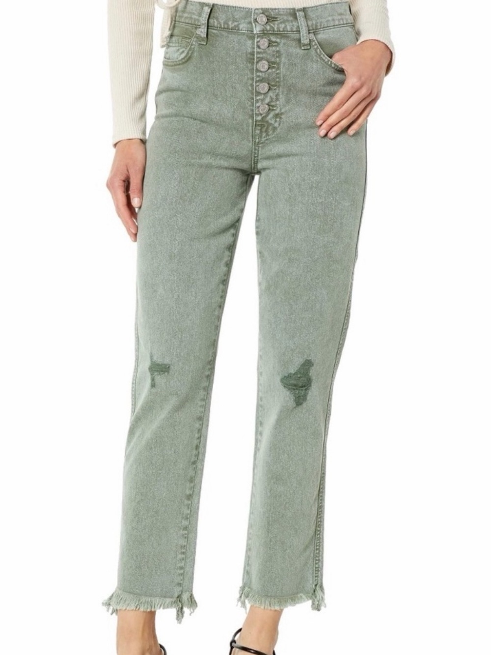 7 For All Mankind Sage Green High Waist Button-Fly Straight Leg Jeans